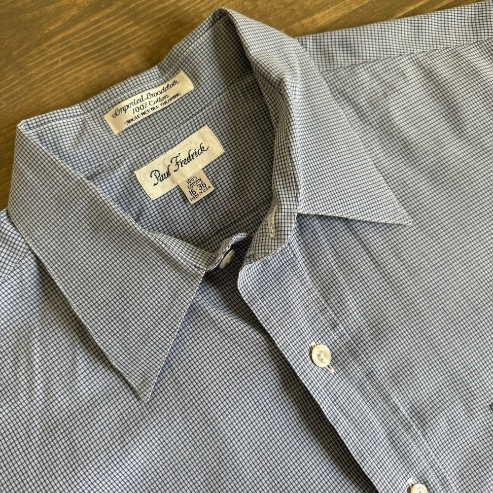 Paul Frederick Men's Large 16-36 Blue White Plaid Long Sleeve‎ Button Up Shirt